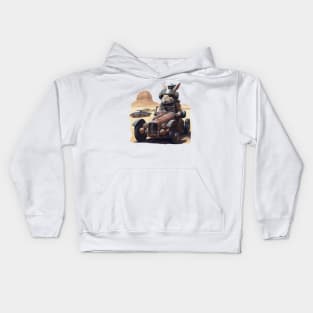 a rabbit racing a car across the desert Kids Hoodie